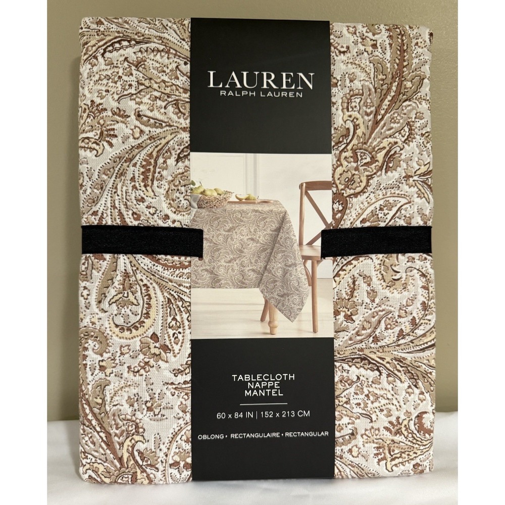 Ralph Lauren Cotton Tablecloth Paisley Brown White 60" x 84"